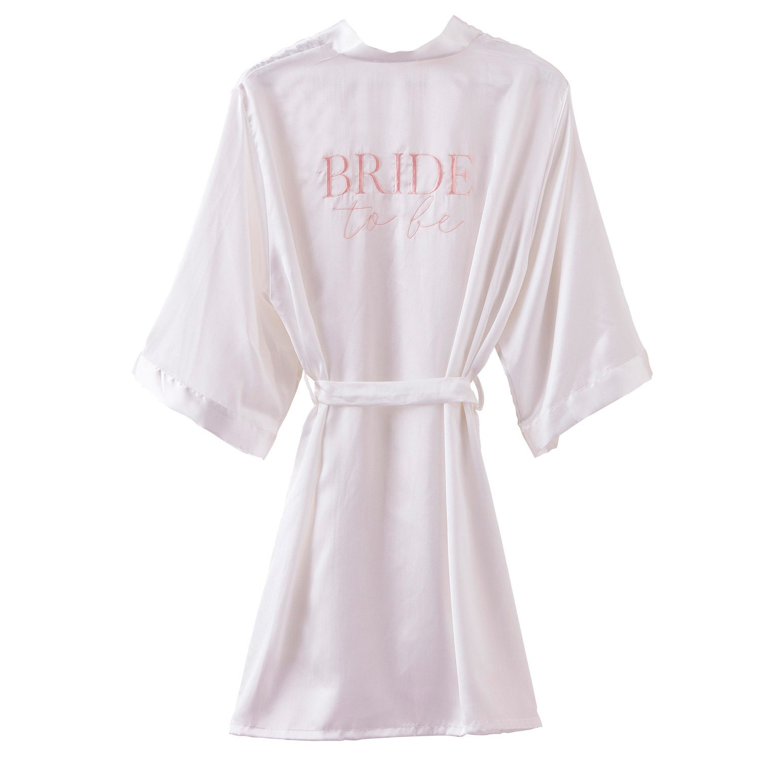 Satin Kimono Morgenmantel – BRIDE TO BE, Weiß Mit Rosa Blush-Schriftzug, Inkl. 3 Party-Aufkleber, Für Hochzeit, JGA Und Braut-Event