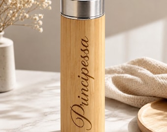 Personalized bamboo thermal mug with name engraving, 420 ml insulated mug with tea strainer
