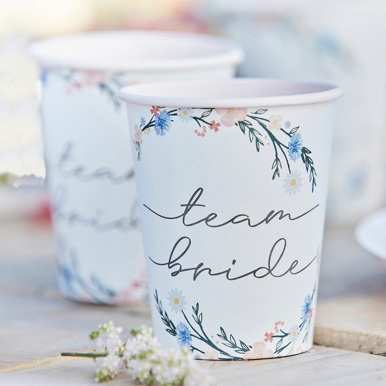 Mug Boho Team Bride Floral paper cups for JGA & bridal party image 1