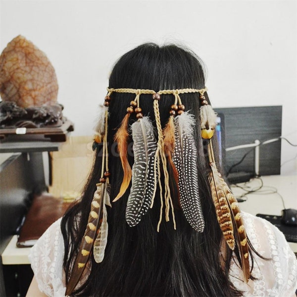 Hippie Indian Feather Shape Headband Weave Feathers Hair Rope Headdress Headband Women’s Fashion Feather Head Band pour dames et filles