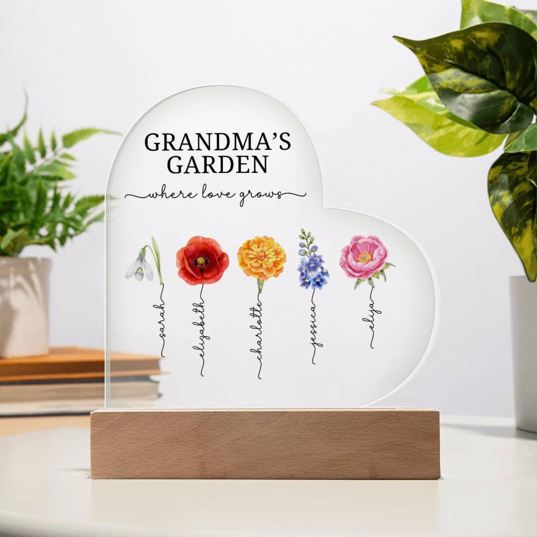 Personalized Birth Flower Month Acrylic Heart Plaque Gift for Grandma ...