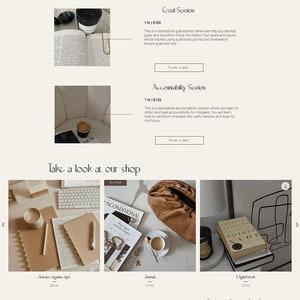 May include: A website homepage for a life coach, featuring a minimalist design with a neutral color palette. The website includes a photo of a woman in a white dress holding a glass of wine, a photo of a gold necklace, and a photo of a coffee cup. The website also includes text about the life coach's services, which include strategy sessions, goal sessions, and accountability sessions.