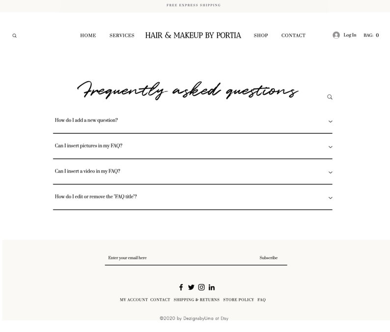 May include: A website screenshot showing a frequently asked questions section with a list of questions and answers. The questions include "How do I add a new question?", "Can I insert pictures in my FAQ?", "Can I insert a video in my FAQ?", and "How do I edit or remove the "FAQ title?"