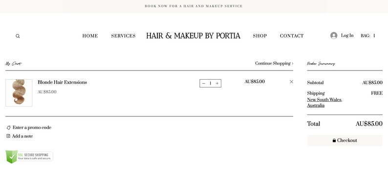 May include: A shopping cart with one item, Blonde Hair Extensions, for $85.00. The subtotal is $85.00 and shipping is free to New South Wales, Australia. The total is $85.00.