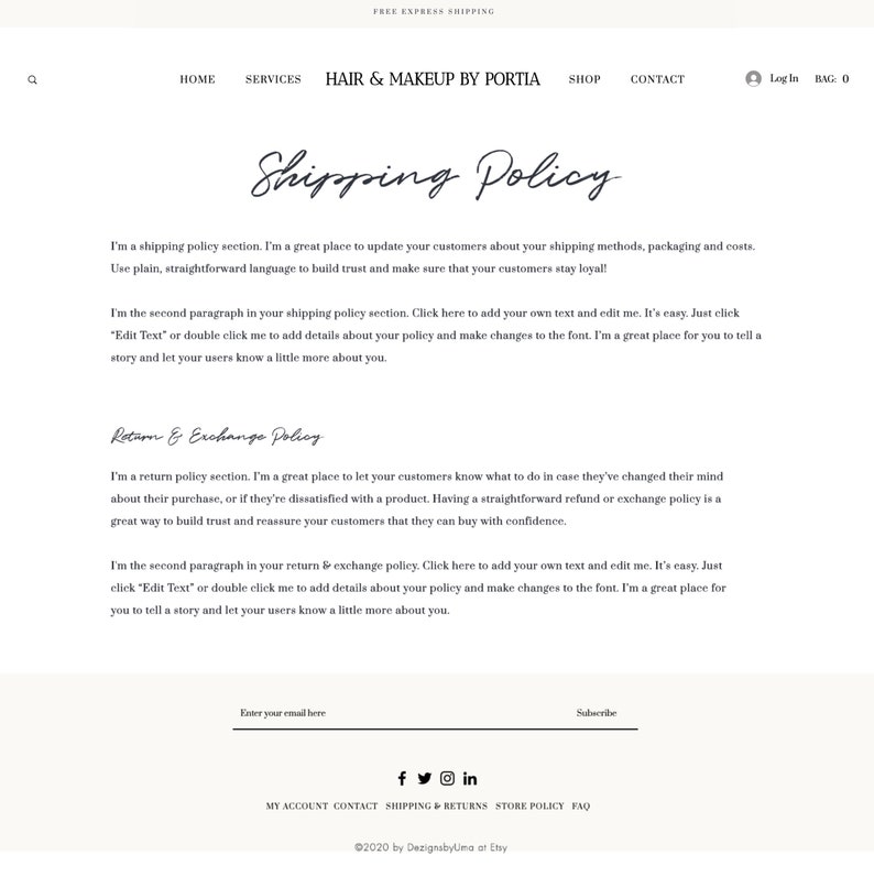May include: Website screenshot showing the shipping and return policies for Hair & Makeup by Portia. The text explains the policies and encourages customers to add their own text and edit the font.