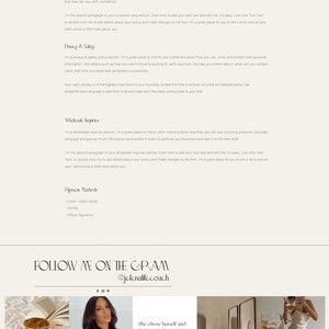 May include: A website homepage with a white background and black text. The website is for a business called "JH. Life and." The website has a menu bar with the following options: Home, Services, About, Contact, Blog, and Shop. The website also has a section called "Store Policy" with information about customer care, privacy and safety, wholesale inquiries, and payment methods. The website also has a section called "Follow Me on the Gram" with the Instagram handle "@jelenalifecoach". The website has three images: a cup of coffee with a book, a woman with long dark hair, and a woman in a white dress holding a glass of wine.