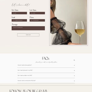 May include: A website contact page with a form to submit a message, a phone number, and an email address. The page also includes a section with frequently asked questions (FAQs) and a section to follow the company on Instagram. The website has a light beige background with brown text and buttons.