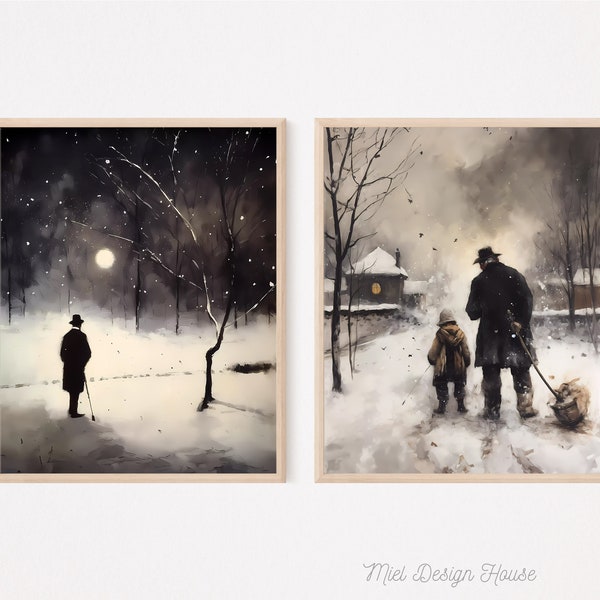 Set of 2 Prints, Digital Prints, Cloudy Overcast, Small Town Scene, Outdoor Scene, Townscape, Abstract Nature, Dark Moonlight, Winter Night