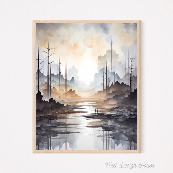 Watercolor painting, Calm color artwork, River landscape art, Reflective nature scene, Tranquil watercolor, Sunset over water scene