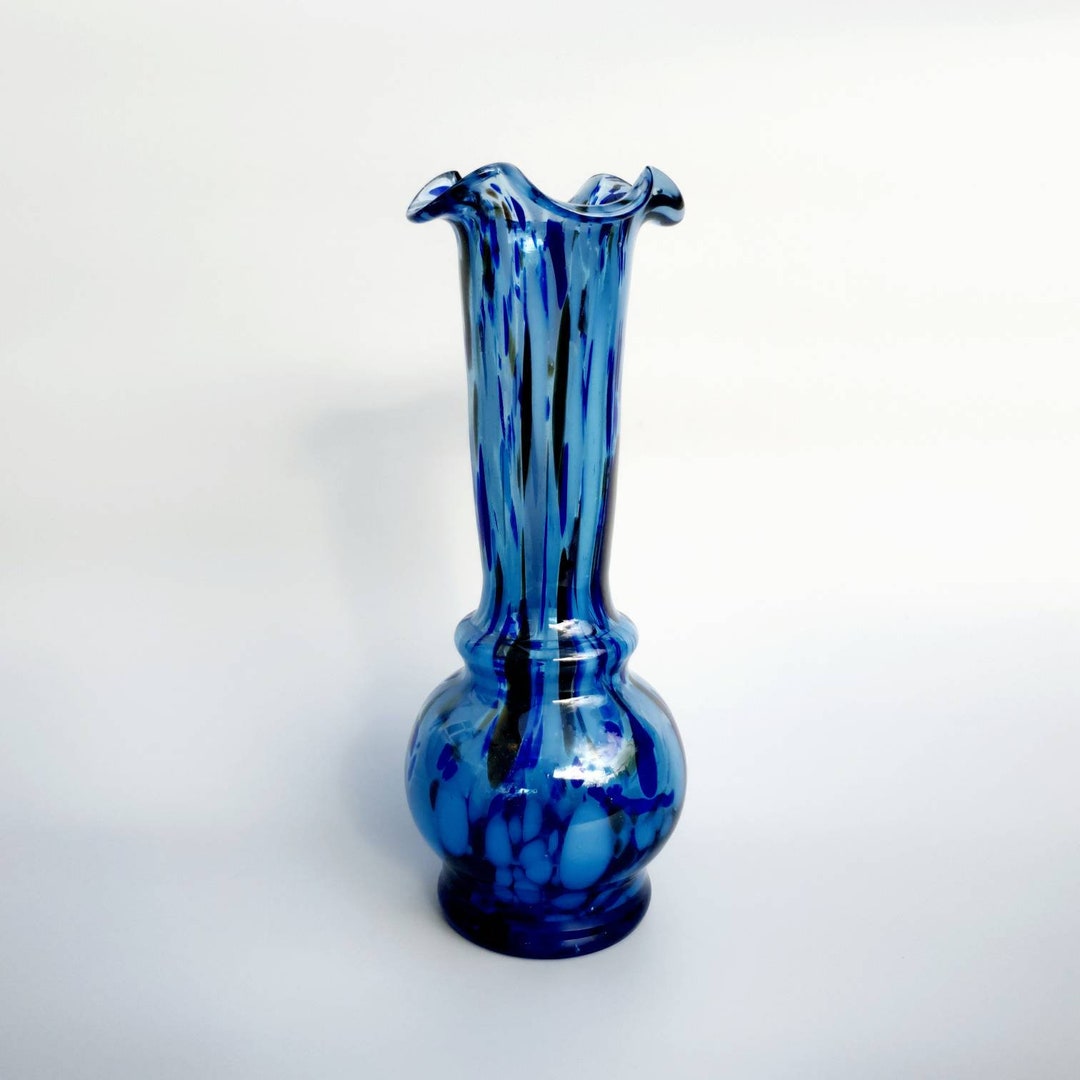 Vintage Large Blue Glass Vase Ecelctic Decor Y2K Fashion Tie Dye Glass Handblown Glass Art