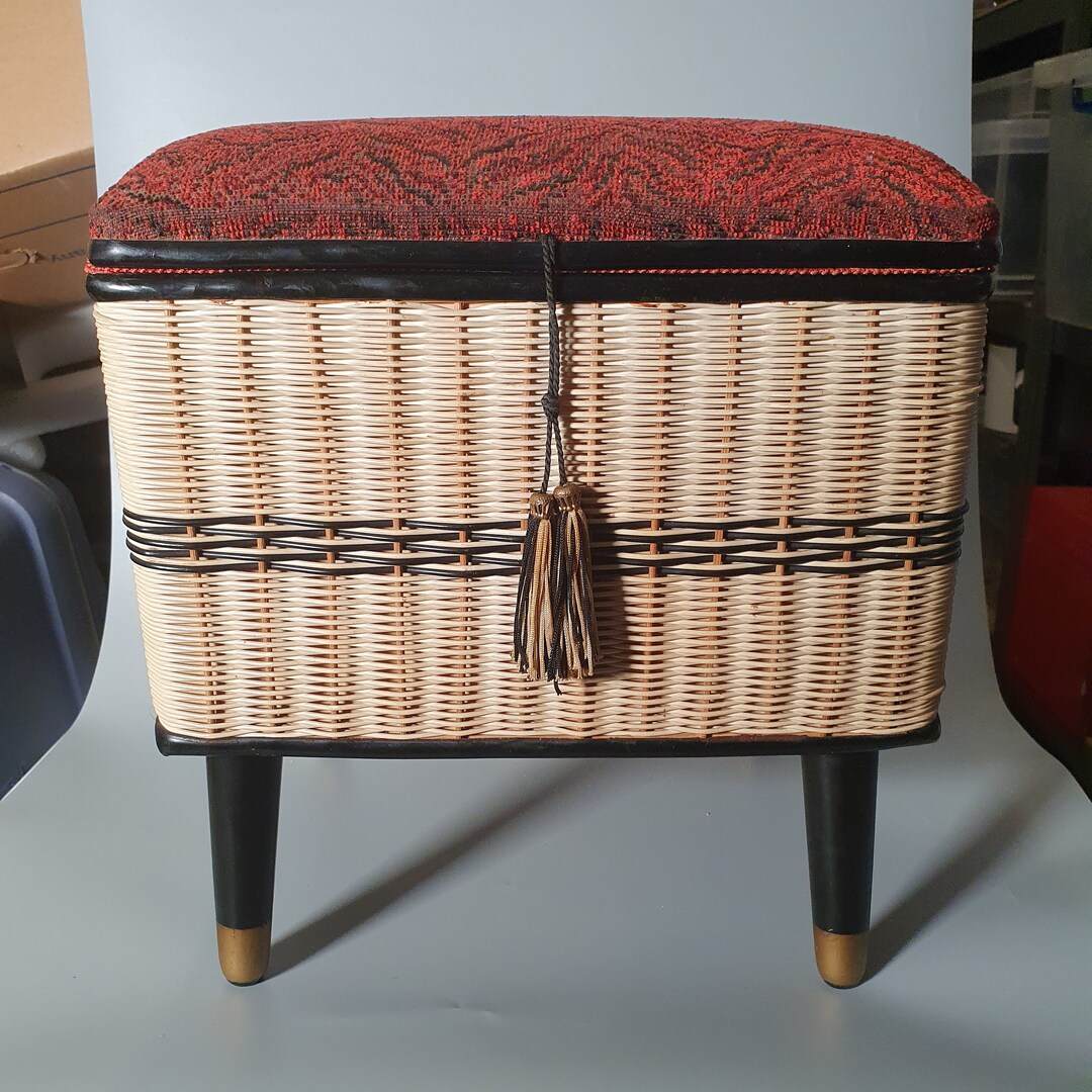 Vintage Wicker Sewing Box Dansette Legs Ottoman Stool Woven Basket