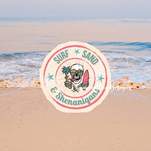 Surf, Sand & Shenanigans! Beach Sticker Vintage Skull Surfboard Retro Summer for your laptop water bottle car