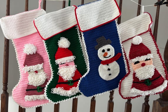 Handmade Vintage Crocheted Knitted Christmas Santa Snowman Stocking Green Pink Blue White
