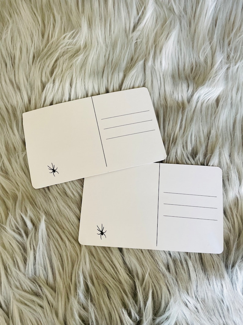 May include: Two white postcards with a black spider graphic in the corner. Each postcard has lines for the address and a vertical line for the stamp. The postcards are rectangular with rounded corners.