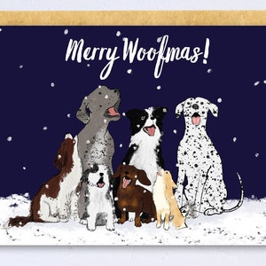 Joyeux Woofmas ! Carte de Noël mignonne et drôle de chien. Border collie, dalmatien, dogue allemand, épagneul, chihuahua, vieux chien de berger anglais, teckel
