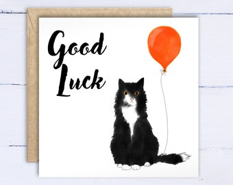 Good Luck Card: Black Cat with Orange Balloon