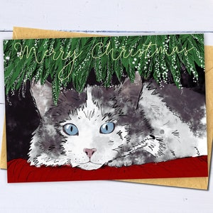 Carte de Noël de chat inhabituelle et belle. Carte de Noël gris et blanc Ragdoll. Carte de Noël de propriétaire de chat. Jeu de cartes de Noël chat.