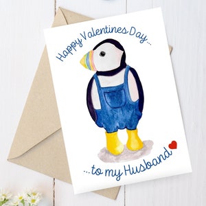 Carte de Saint Valentin mari. Carte de Saint Valentin pour mari. Carte de Saint-Valentin macareux. Carte de voeux de Saint-Valentin pour mari. Saint-Valentin amoureux des oiseaux.