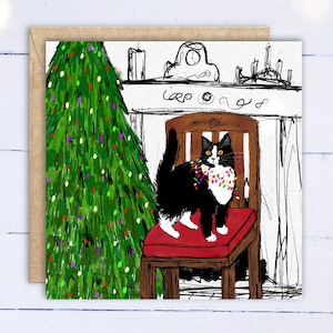 Carte de Noël chat et guirlande lumineuse. Carte de Noël chat noir et blanc. Carte pour amoureux des chats. Cadeau pour amoureux des chats. Jeu de cartes de Noël chat. Chat drôle.