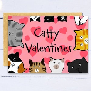 Katzen Valentinstag Karte mit einer Gruppe süßer Katzen die dir einen Catty Valentinstag wünschen! Lustige Katzen Karte für Mama, Frau, Tochter.