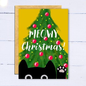 Lustig und niedliche schwarze Katze Weihnachtskarte. Weihnachtskarte vom Kater. Weihnachtskarte mit Katzenbesitzer. Farbenfrohe Katzen Weihnachtskarte.