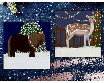 Festive Shetland Pony & Roe Deer Christmas Cards - Set of 6