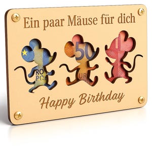 Geldgeschenk Geburtstag Mäuse Holzkarte lustiges originelles Geschenk Happy Birthday