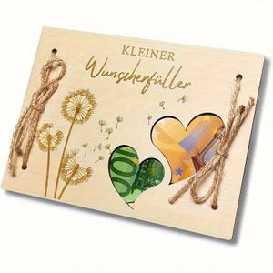 Geldgeschenk Wunscherfüller Holz Herzkarte Geldidee personalisiert Hochzeit Geburtstag Geschenk