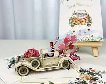 Wedding Gift Pop Up Card Just Married Car 3D Card Folding Card Wedding Card Bride and Groom Flowers Heart Balloons Vintage