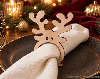 Reindeer wooden napkin rings – festive Christmas table decoration, approx. 7 × 9 cm