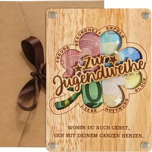Geldgeschenk Jugendweihe mit Kleeblatt – Holzkarte mit Spruch und Geldfach – Geschenk zur Jugendweihe Mädchen und Jungen