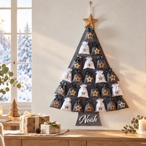 Fillable felt advent calendar – grey wall Christmas tree, optional wooden name
