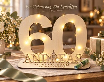 Regalo de cumpleaños personalizado con dinero y guirnalda de luces LED - Número seleccionable libremente de 18 a 100 años - Idea de regalo