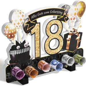 Geldgeschenk 18. Geburtstag mit Geldrollenhalter Deko Zahl 18 mit Ballons & Geschenkbox Geburtstagsgeschenk für Teenager Erwachsene