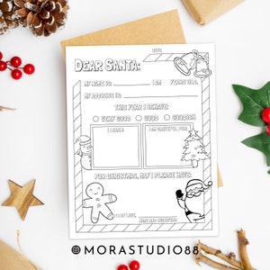 Carta de Papá Noel imprimible - Colorea tu carta a Papá Noel - Carta de Papá Noel en blanco y negro - Carta para niños a Papá Noel, Lista de deseos de Papá Noel - Navidad