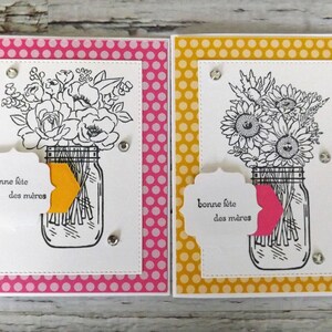 French handmade Mother's Day card, Carte en français pour la fête des mères, bouquet of flowers in mason jar