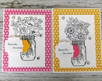 Français carte de fête des mères faite à la main, Carte en français pour la fête des mères, bouquet de fleurs en pot maçon