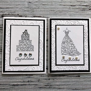 Carte de mariage faite à la main, Carte avec robe de mariée et gâteau de mariage
