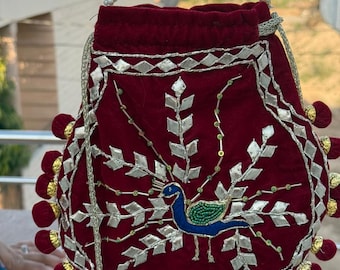 Red Velvet Potli Bag: Gota Patti Peacock Embroidery, Pearl Handle Clutch