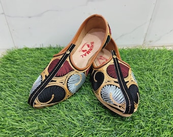 Handmade Leather Mojari Jutti | Multicolor Embroidered Rajasthani Juti | Indian Ethnic Wedding & Festive Footwear