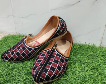 Handmade Leather Mojari Jutti | Maroon Black Checkered Rajasthani Juti | Indian Ethnic Wedding & Festive Footwear