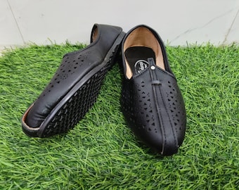 Handmade Black Mojari Jutti for Men & Women | Indian Ethnic Footwear | Perforated Traditional Shoes | Festive Wedding Wear