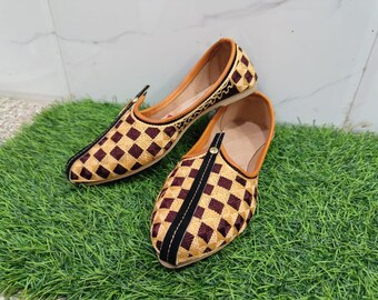 Handmade Leather Mojari Jutti | Checkered Rajasthani Juti | Indian Ethnic Wedding & Festive Footwear for Men Women