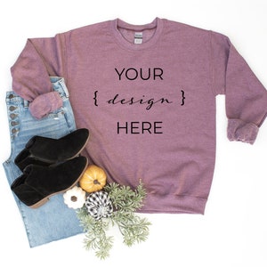 Gilden G180 Heather Sport Dark Maroon Sweatshirt | G180 Fall Flat Lay Mockup |  Unisex Fleece Crew Mock | Printful Sweatshirt for SVG Design