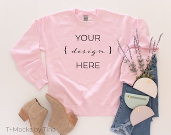 Light Pink Gildan 18000 Sweatshirt Mockup | Flat Lay (Digital Download)