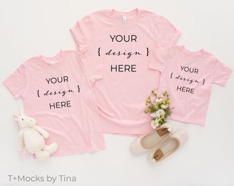 Pink Bella Canvas 3001 T-Shirt Mockup | Mommy and Me Flat Lay (Digital Download)