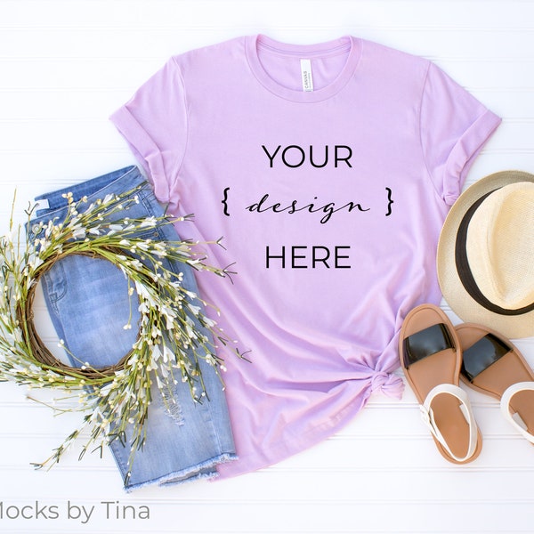 Bella Canvas Lilac T-Shirt Mock Up | 3001 T-Shirt Flat Lay Mockup | Summer Tee Mock | Blank TShirt Image for SVG Design | Digital Download