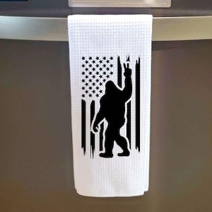 Sasquatch 'Rock On', Big Bigfoot Silhouette on a Waffle Weave Bar or Kitchen Towel, Camper RV Decor, Backyard BBQ Party, Legend Mysteries