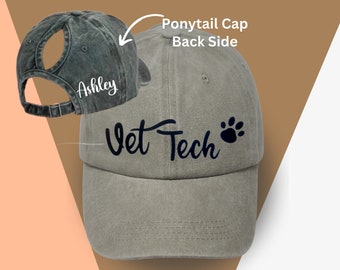 Gift for Vet Techs Ponytail Baseball Cap or Classic Unisex Hat - Veterinarian Technician or Customize, Clinic Employees Can Add Name to Back
