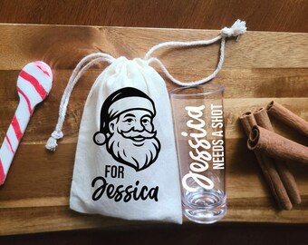 Custom Gift Bag + Personalized Shot Glasses: Use as Christmas Ornament, Stocking Stuffer, Party Favors, 4 Bag Designs, 2.2oz Acrylic Barware